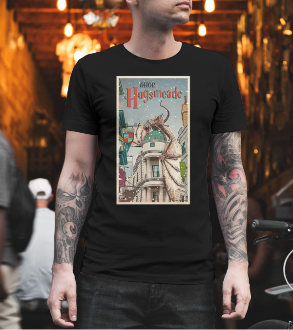 Hogsmeade Shopping Adventure with Snowy Streets and Dragon-Guarded Shops T-Shirt Hogsmeade Shopping Adventure with Snowy Streets and Dragon-Guarded Shops T-Shirt