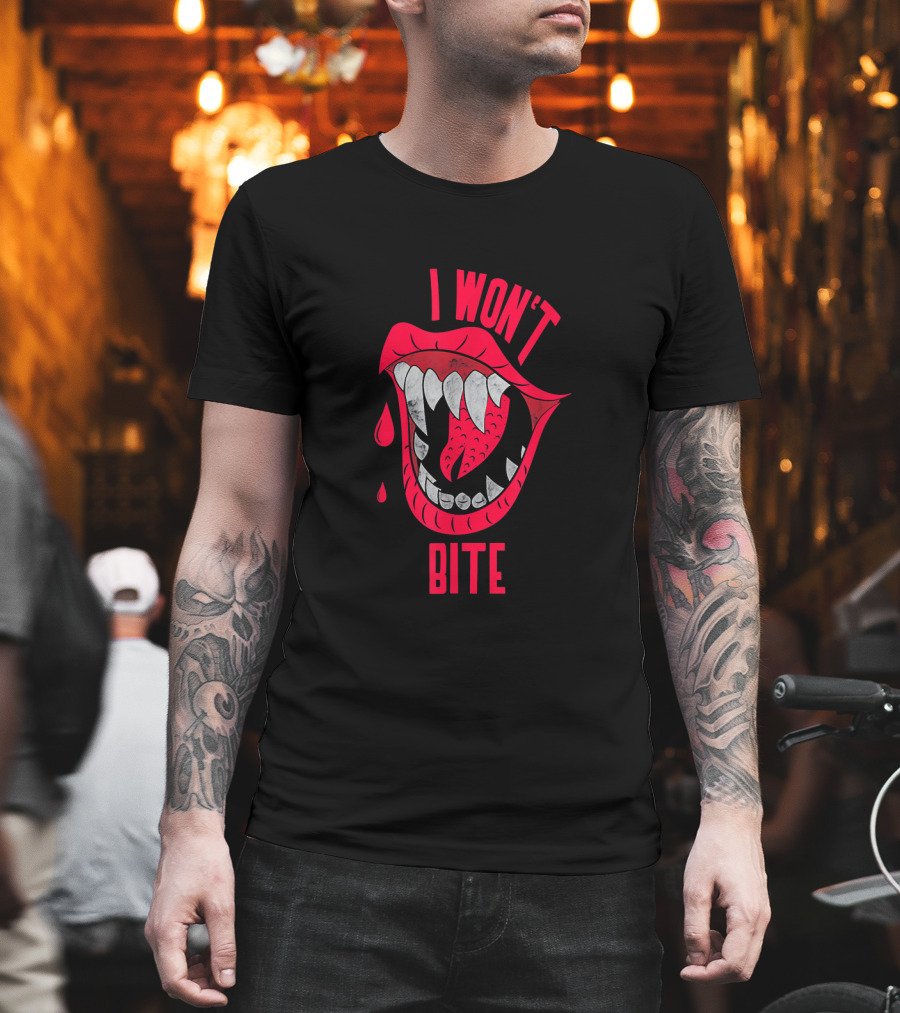 I Won't Bite Red Lips with Sharp Vampire Fangs Halloween T-Shirt