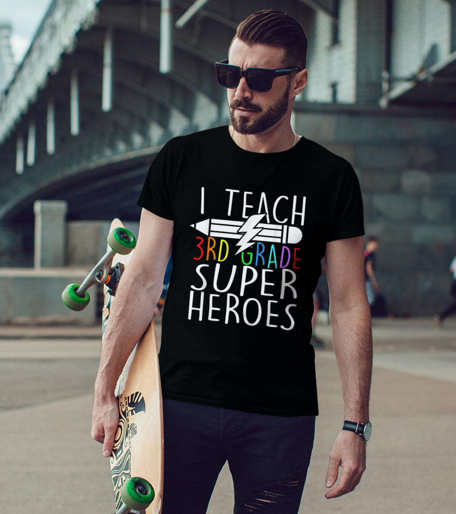 I Teach 3rd Grade Superheroes Pencil Lightning Bolt T-Shirt