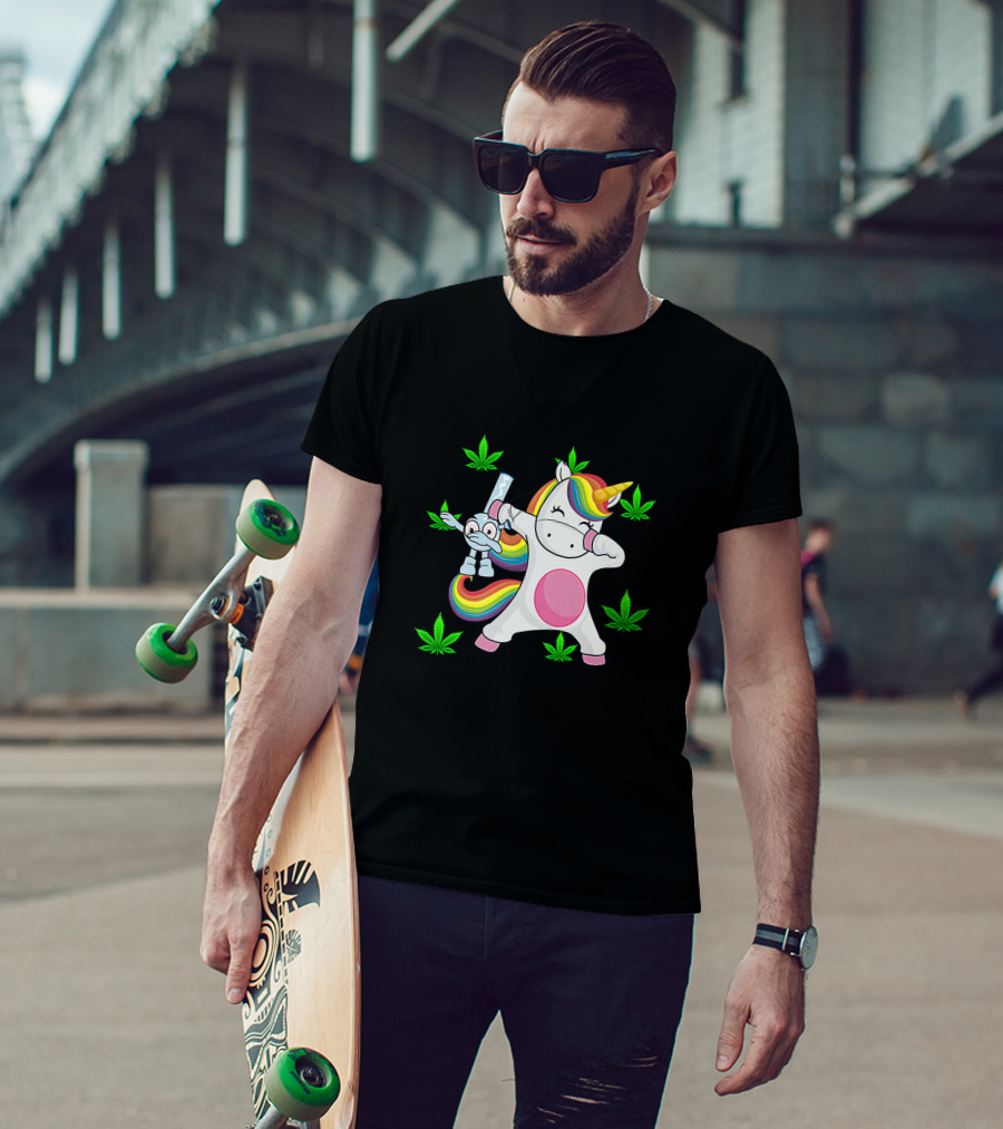 Unicorn Dab With Rainbow Bong Surrounded By Marijuana Leaves T-Shirt