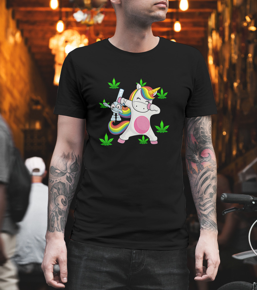 Unicorn Dab with Rainbow Bong Surrounded by Marijuana Leaves T-Shirt