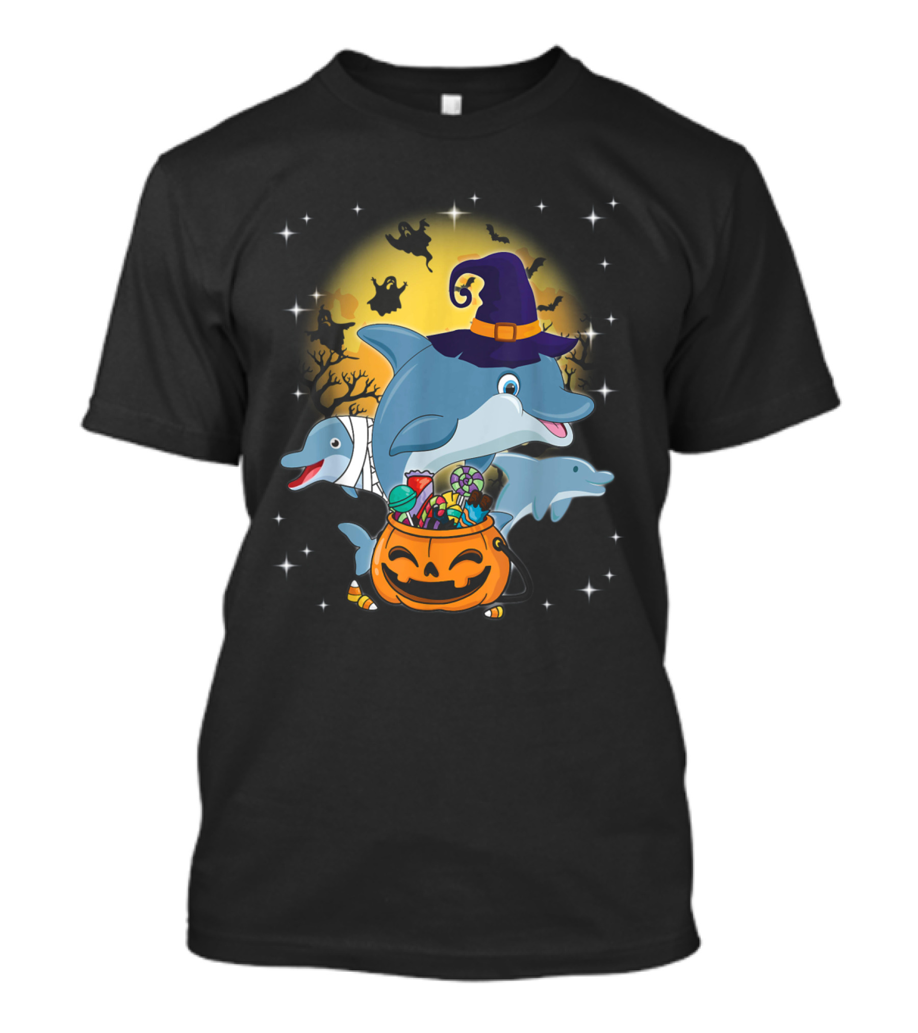 Dolphin Witch And Mummy With Pumpkin Candy Under Halloween Moon With Ghosts T-Shirt