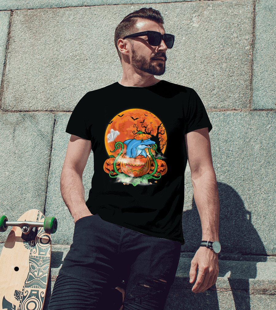 Dolphin Inside Pumpkin With Halloween Moon And Ghost T-Shirt