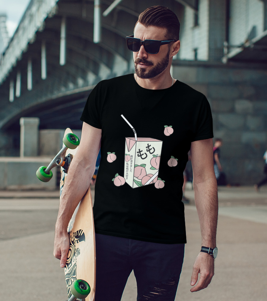 90s Japanese Aesthetic Otaku Anime Peach Juice Box With Kanji And Pastel Peaches T-Shirt