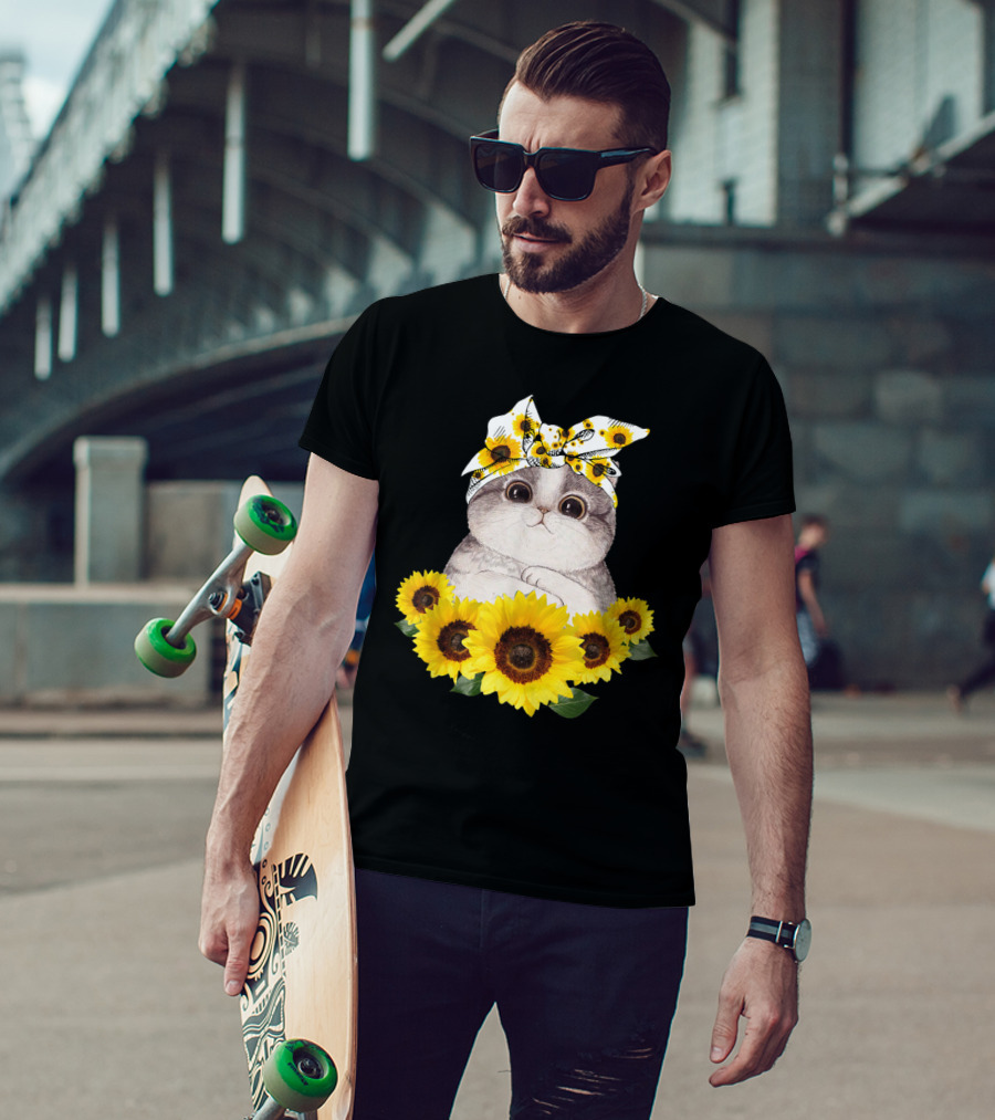 Sunflower Cat Headband Adorable Cats Lovers T-Shirt