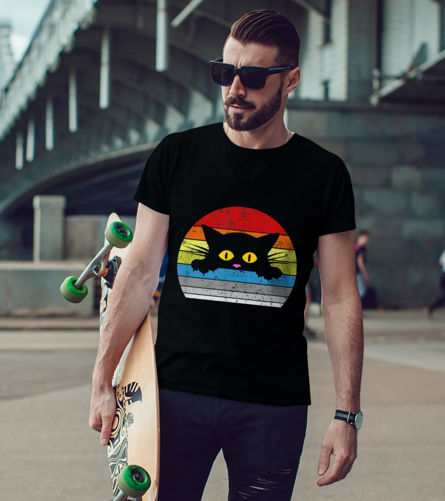 Vintage Rainbow Cat Peeking Retro 80s Style For Cat Lovers T-Shirt