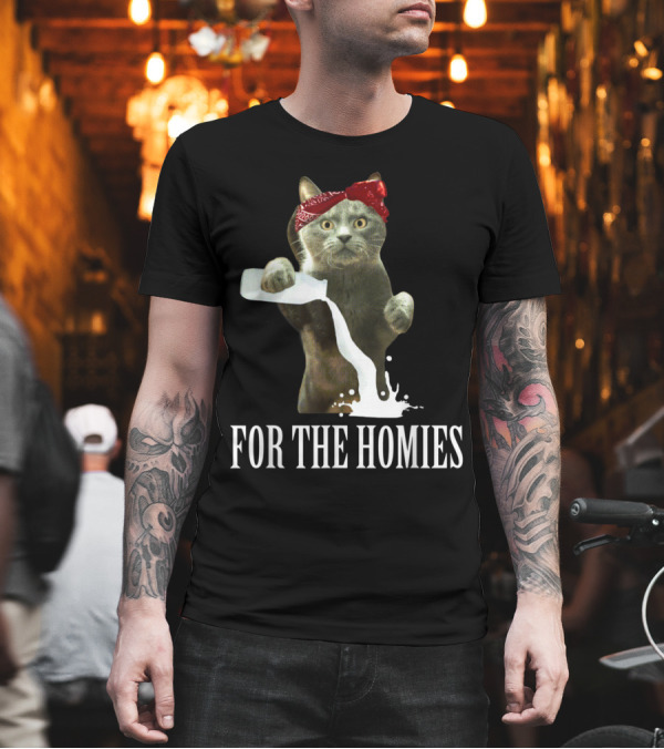 For The Homies Cat Funny Cat Pouring Milk with Bandana T-Shirt For The Homies Cat Funny Cat Pouring Milk with Bandana T-Shirt
