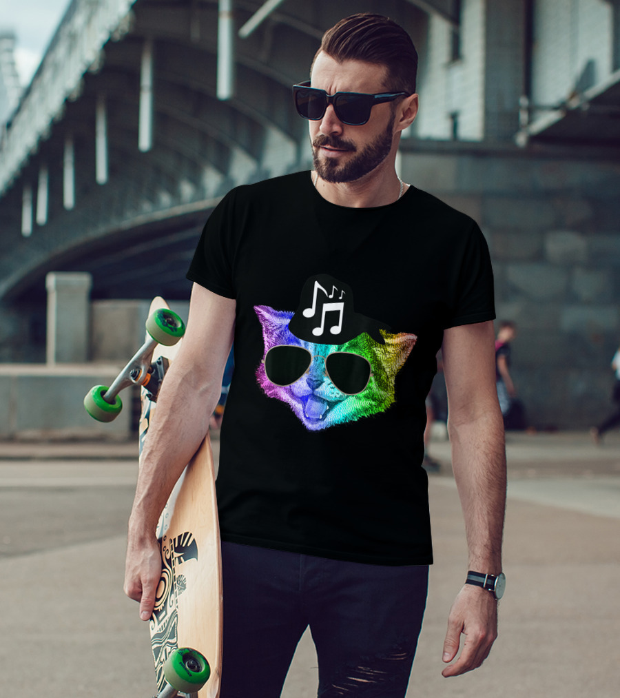 Colorful Rainbow DJ Music Kitty With Sunglasses And Hat For Feline Cat Lovers T-Shirt