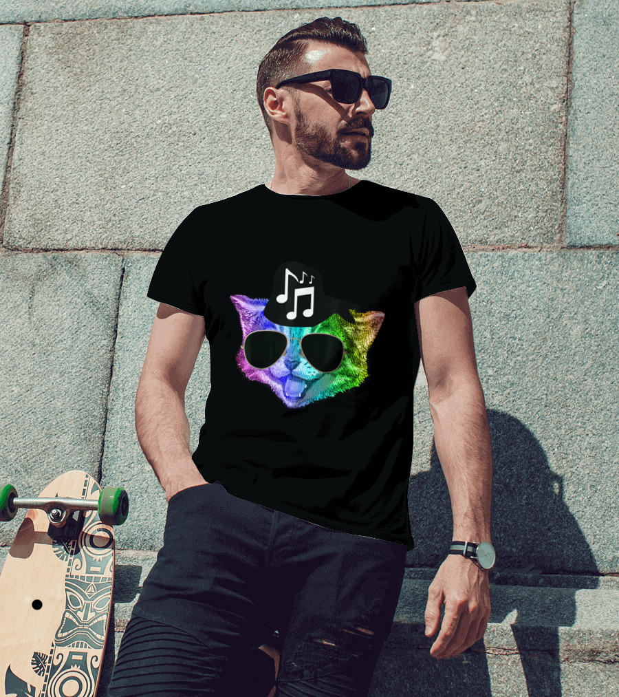 Colorful Rainbow DJ Music Kitty With Sunglasses And Hat For Feline Cat Lovers T-Shirt