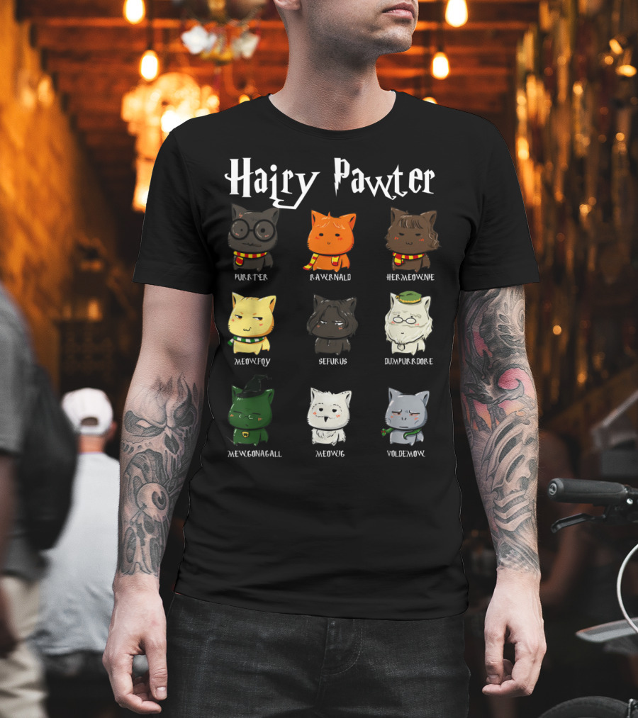 Hairy Pawter Purrter Rawrnald Hermeowne Meowfoy Seferus Dumblepurr Meowgonagall Meowg VoldeMew T-Shirt