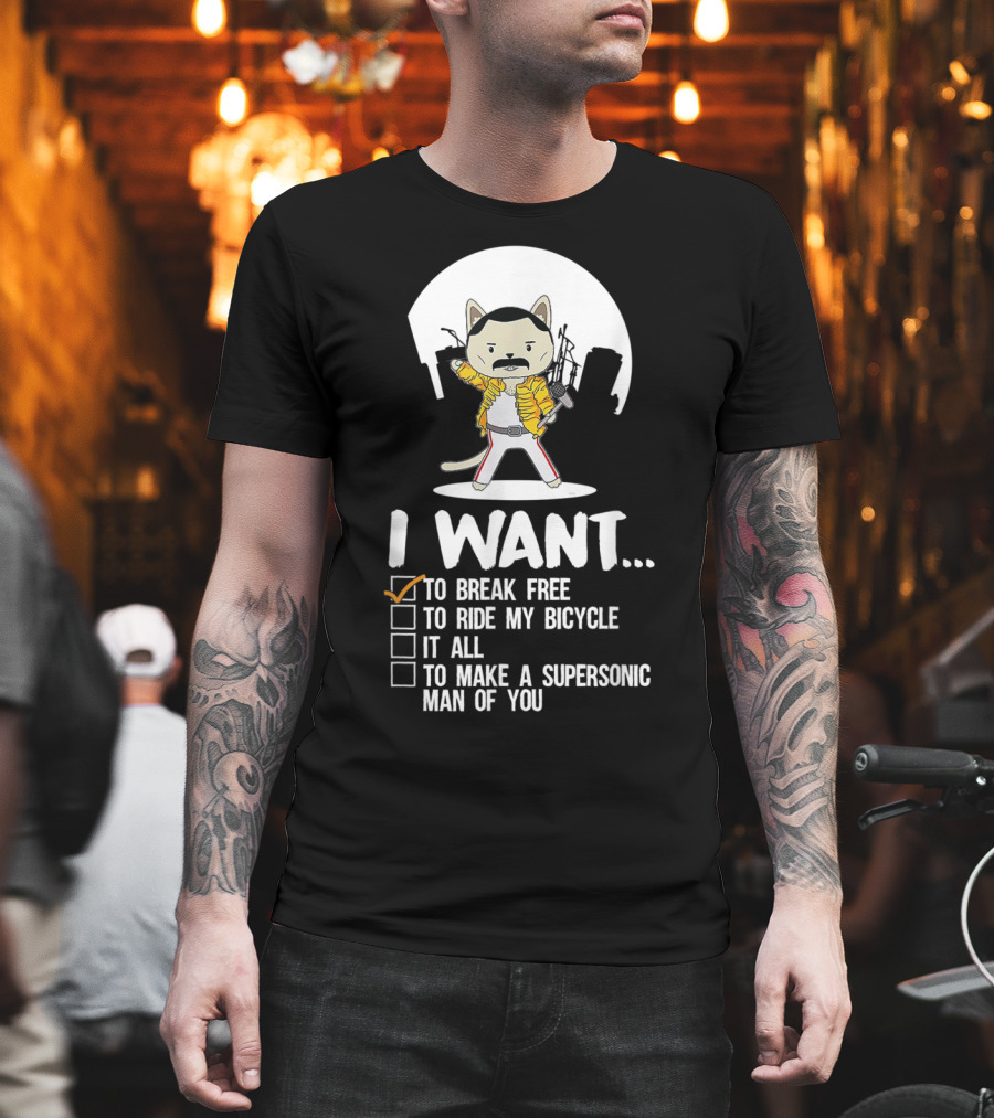 I Want to Break Free Funny Cat Costume Parody Iconic Rock Concept T-Shirt