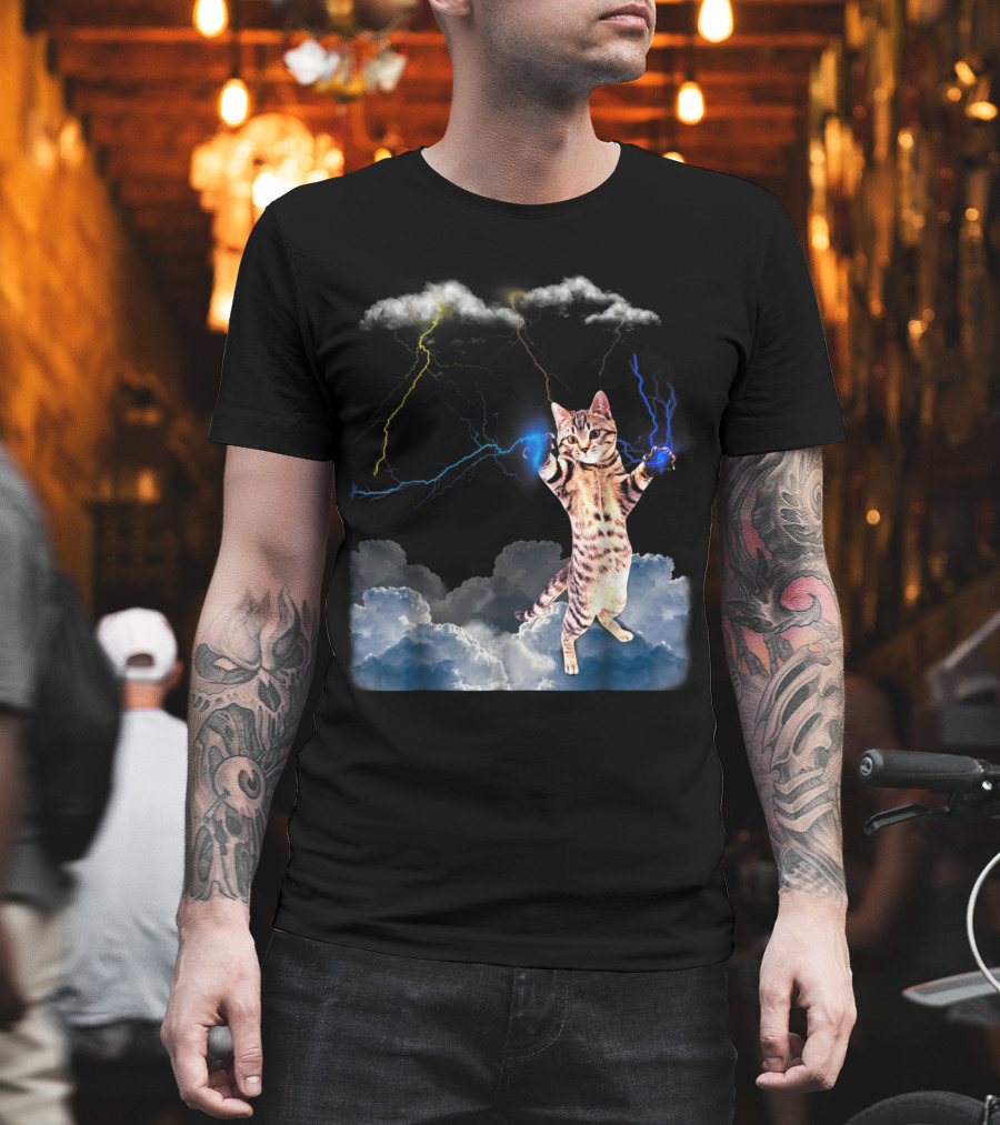 Lightning Cat with Stormy Clouds and Electric Bolts T-Shirt