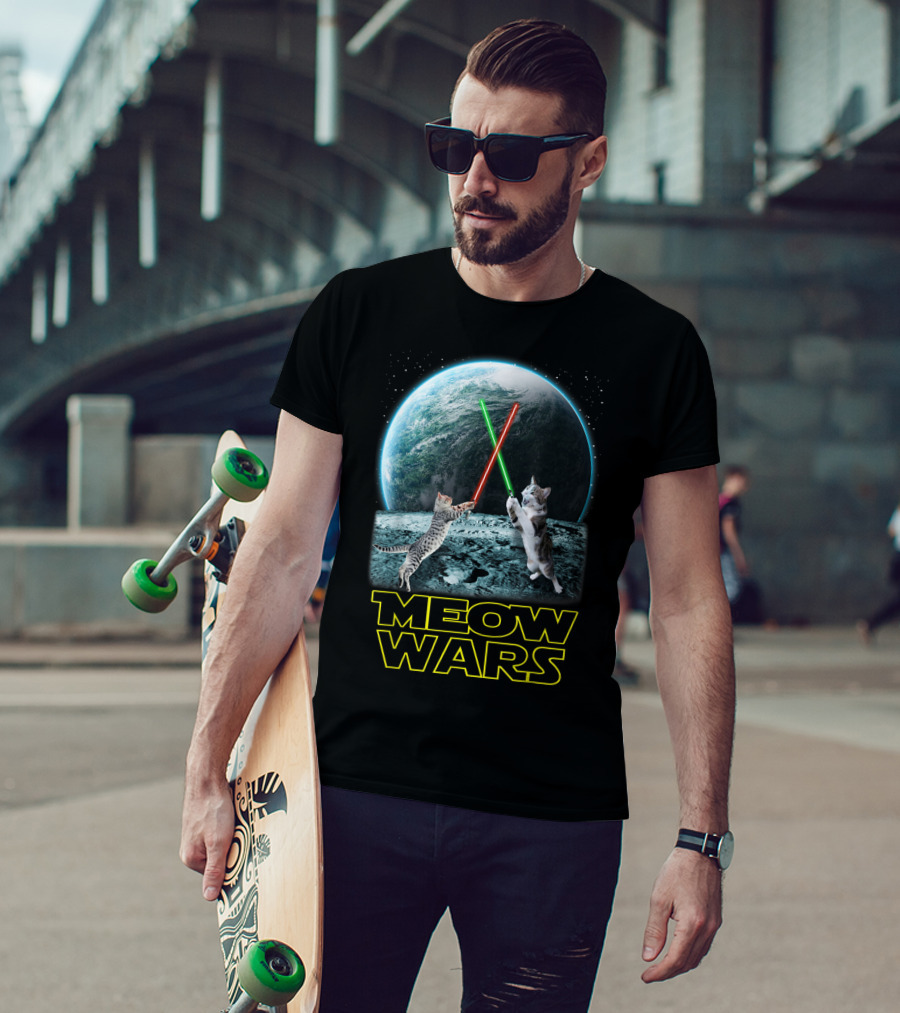 Meow Wars Funny Cats Lovers Galactic Duel With Light Sabers T-Shirt