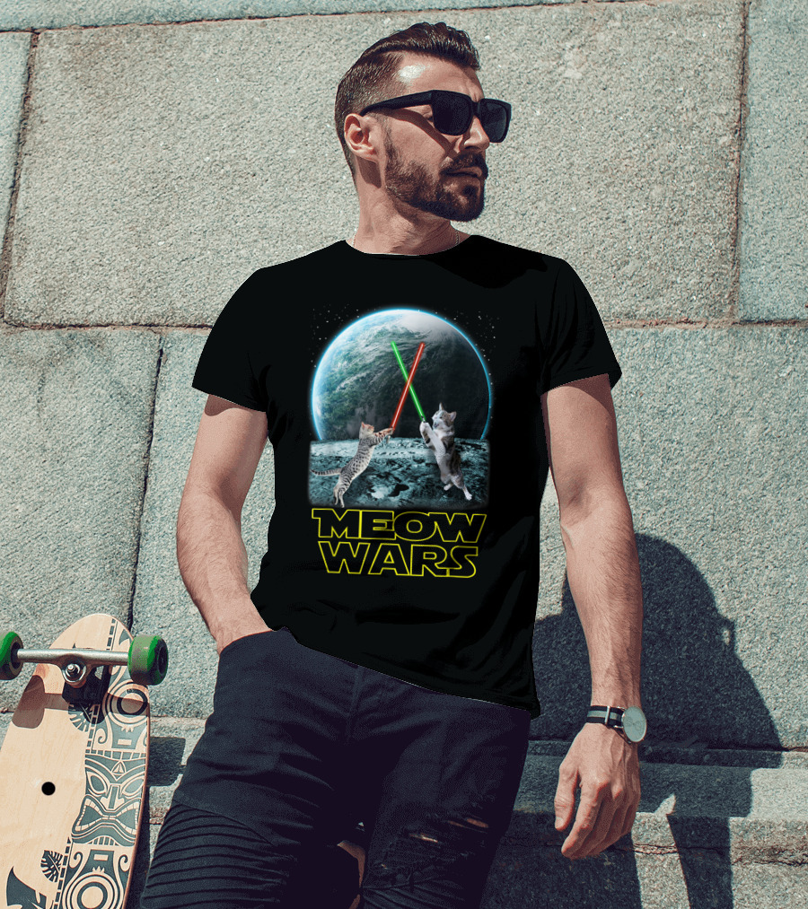 Meow Wars Funny Cats Lovers Galactic Duel With Light Sabers T-Shirt