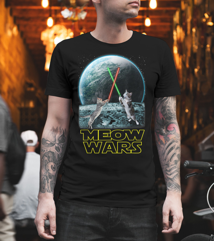 Meow Wars Funny Cats Lovers Galactic Duel with Light Sabers T-Shirt