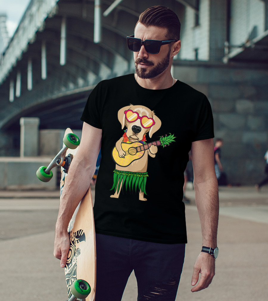 Labrador Retriever Ukulele Playing In Hawaiian Costume With Sunglasses Summer Vibes T-Shirt