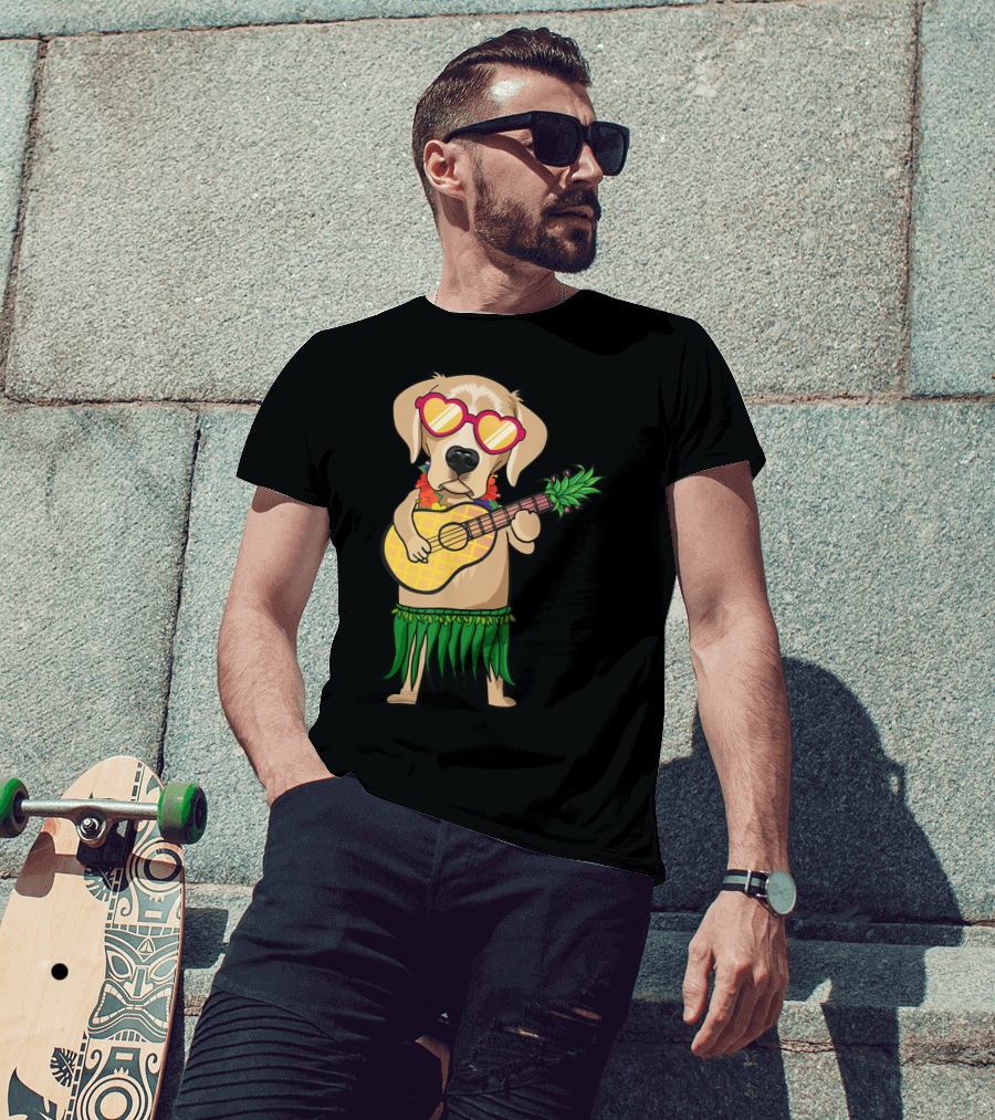 Labrador Retriever Ukulele Playing In Hawaiian Costume With Sunglasses Summer Vibes T-Shirt