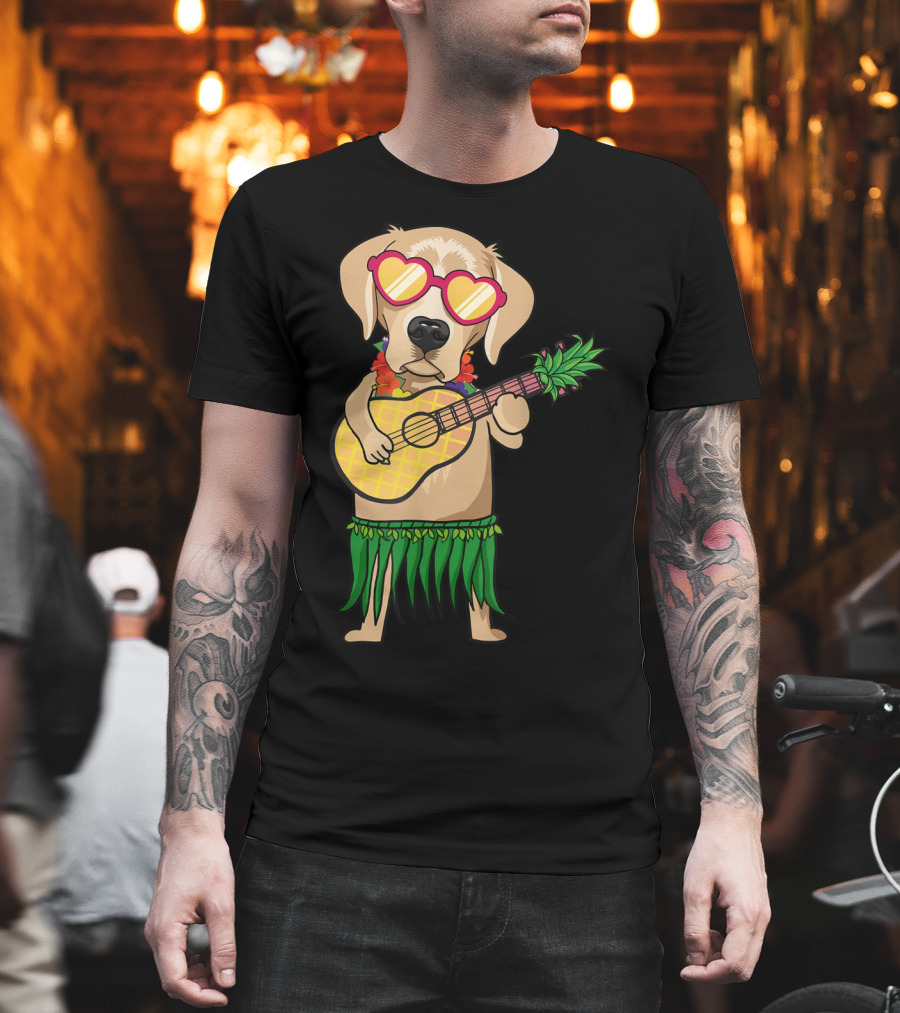 Labrador Retriever Ukulele Playing in Hawaiian Costume with Sunglasses Summer Vibes T-Shirt
