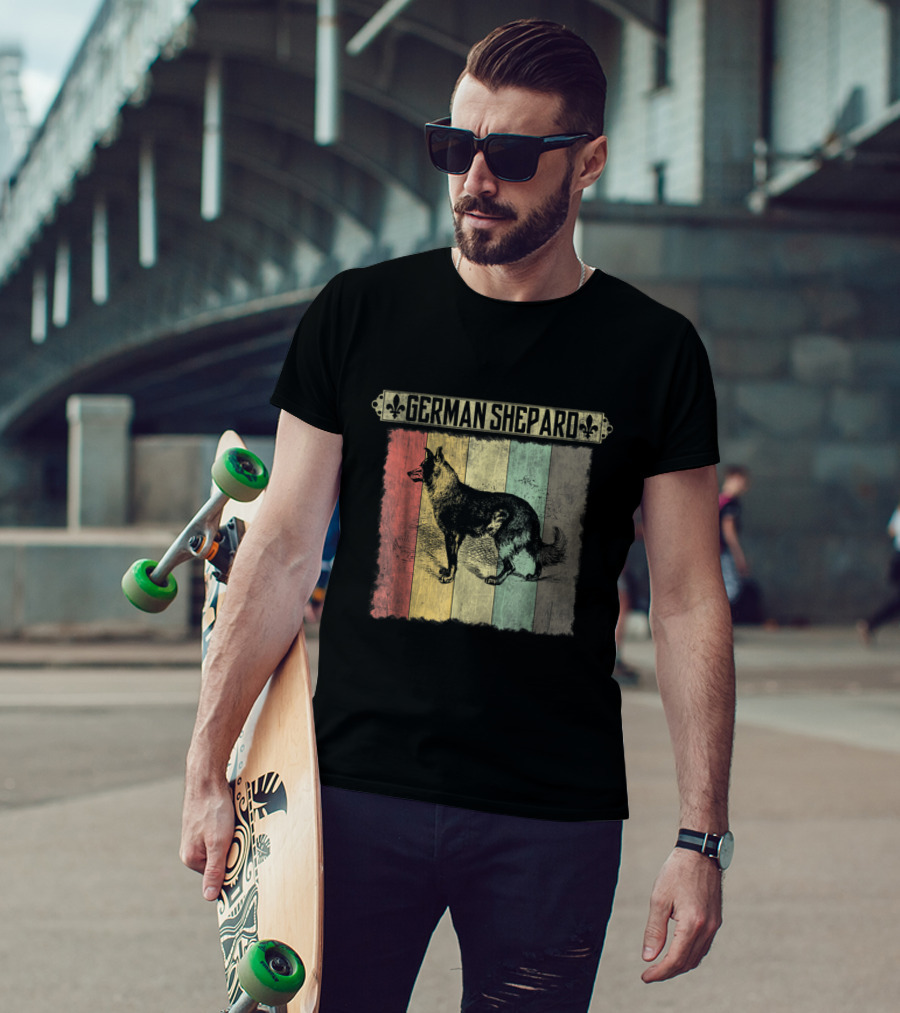 German Shepard Vintage Retro Distressed Style With Colorful Stripes T-Shirt