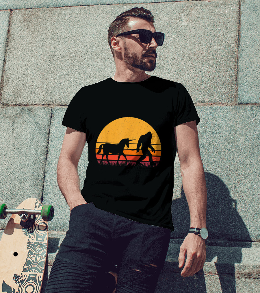 Bigfoot Sasquatch Walking Unicorn Retro Sunset T-Shirt