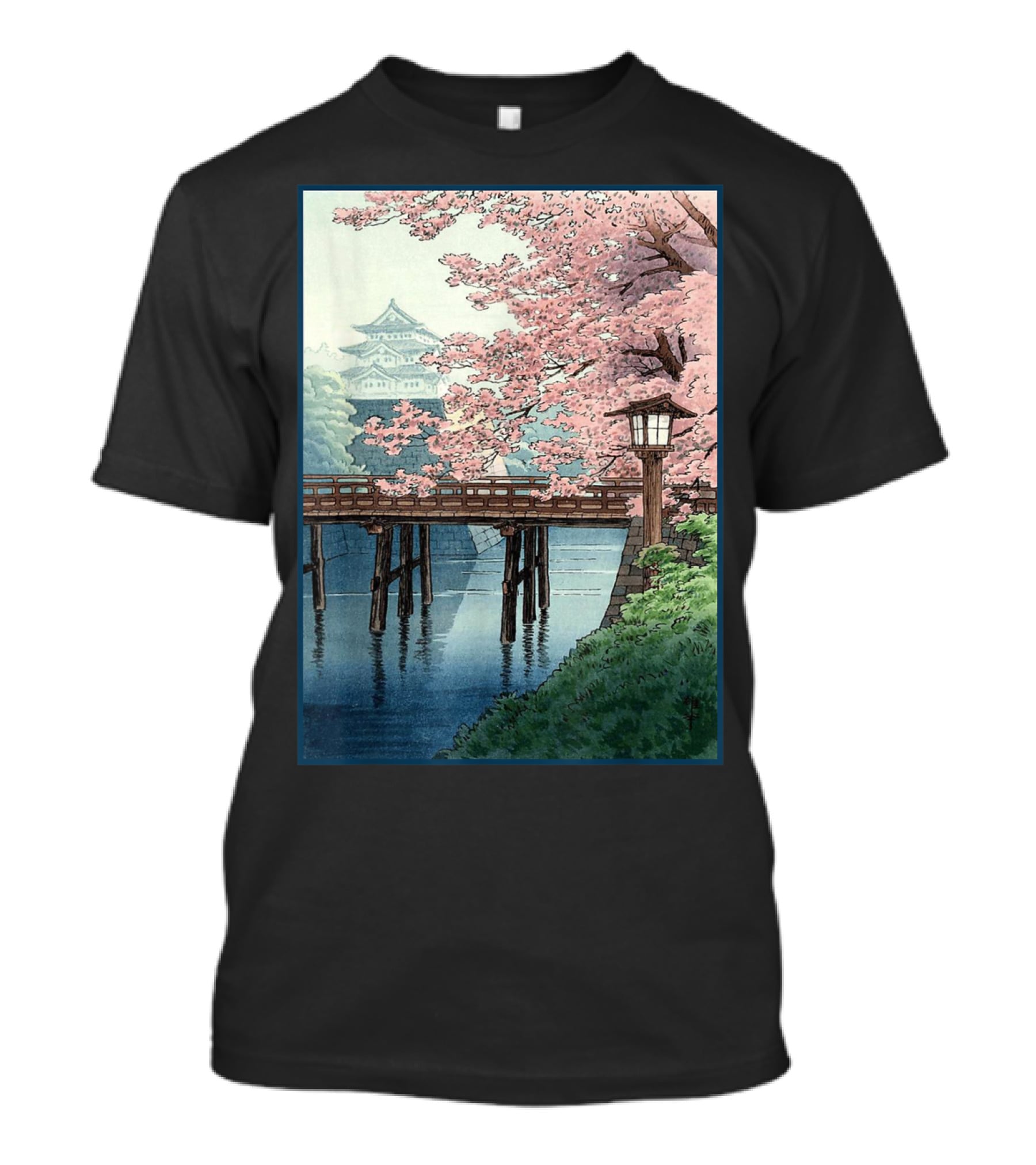 Japanese Cherry Blossom Woodblock Bridge And Pagoda Scene T-Shirt