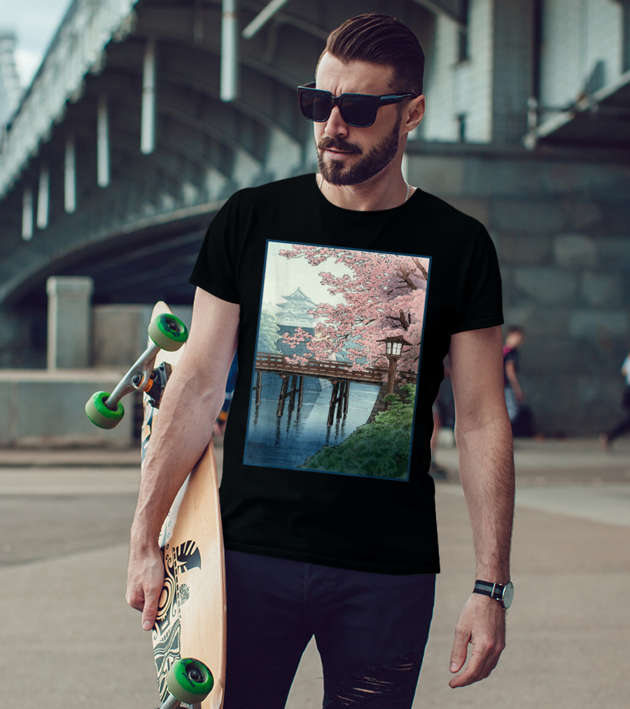 Japanese Cherry Blossom Woodblock Bridge And Pagoda Scene T-Shirt