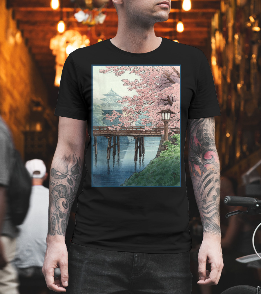 Japanese Cherry Blossom Woodblock Bridge And Pagoda Scene T-Shirt