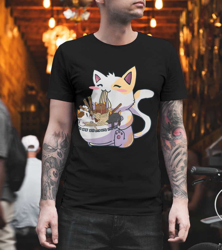 Kawaii Neko Cat with Ramen Bowl Anime Japanese Noodles and Chopsticks T-Shirt