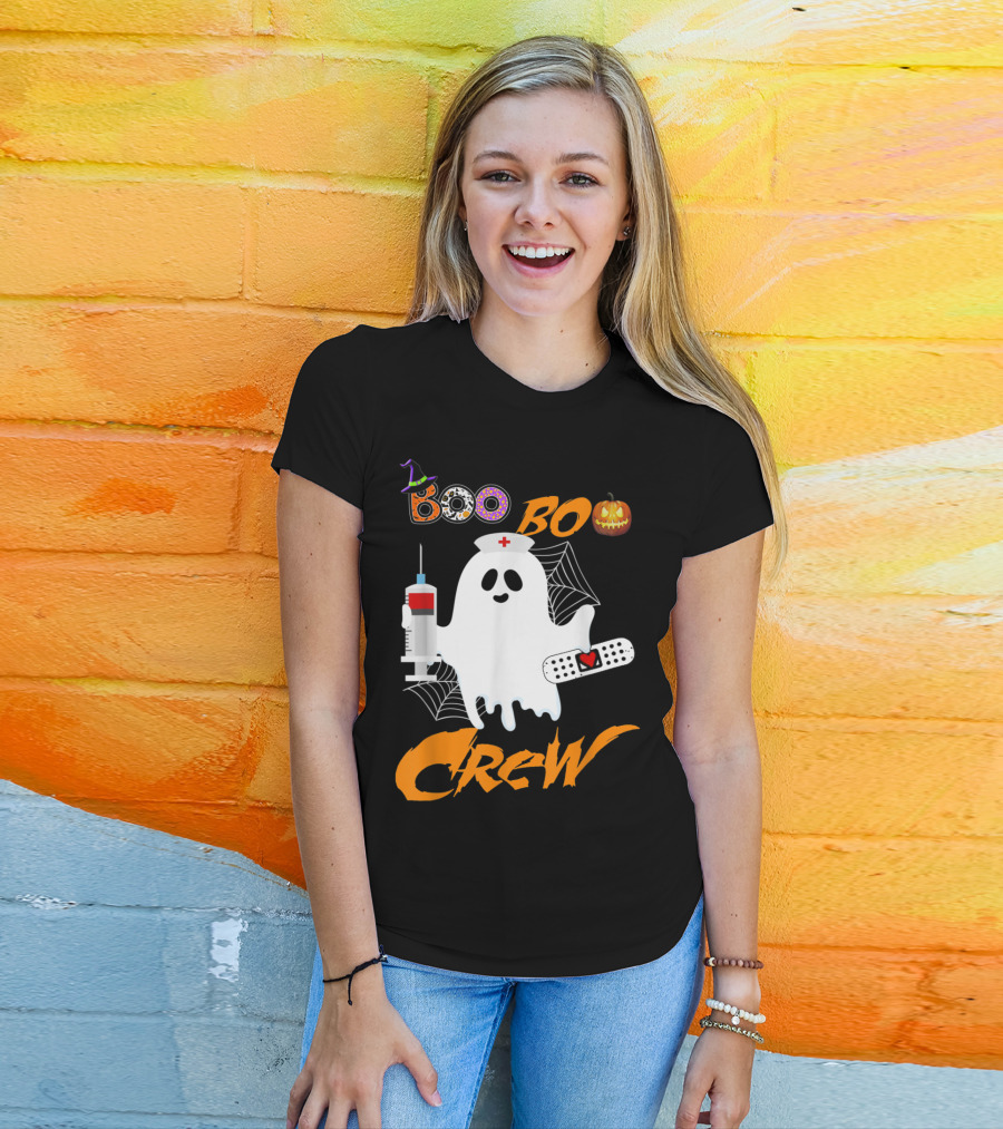 Boo Boo Crew Nurse Ghost Funny Halloween Costume With Syringe And Spider Webs T-Shirt