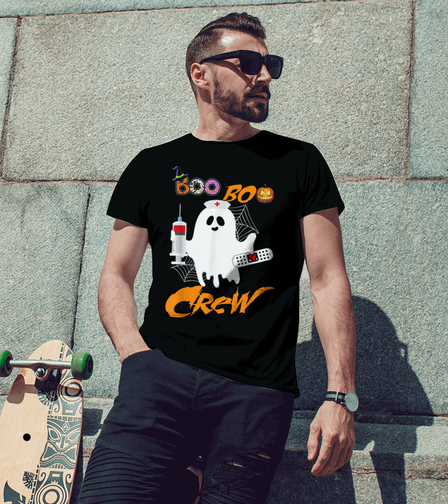 Boo Boo Crew Nurse Ghost Funny Halloween Costume With Syringe And Spider Webs T-Shirt
