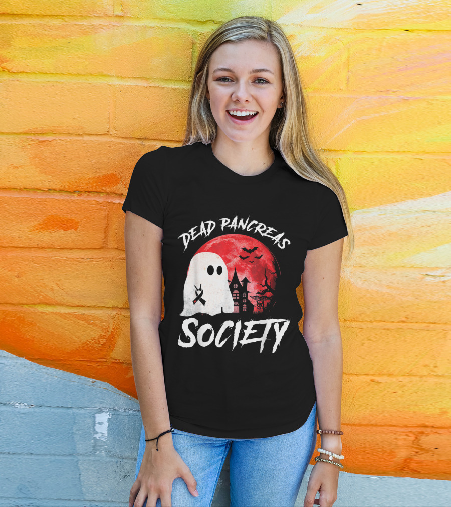 Dead Pancreas Society Halloween Ghost With Diabetes Awareness Ghostly Castle And Blood Moon T-Shirt