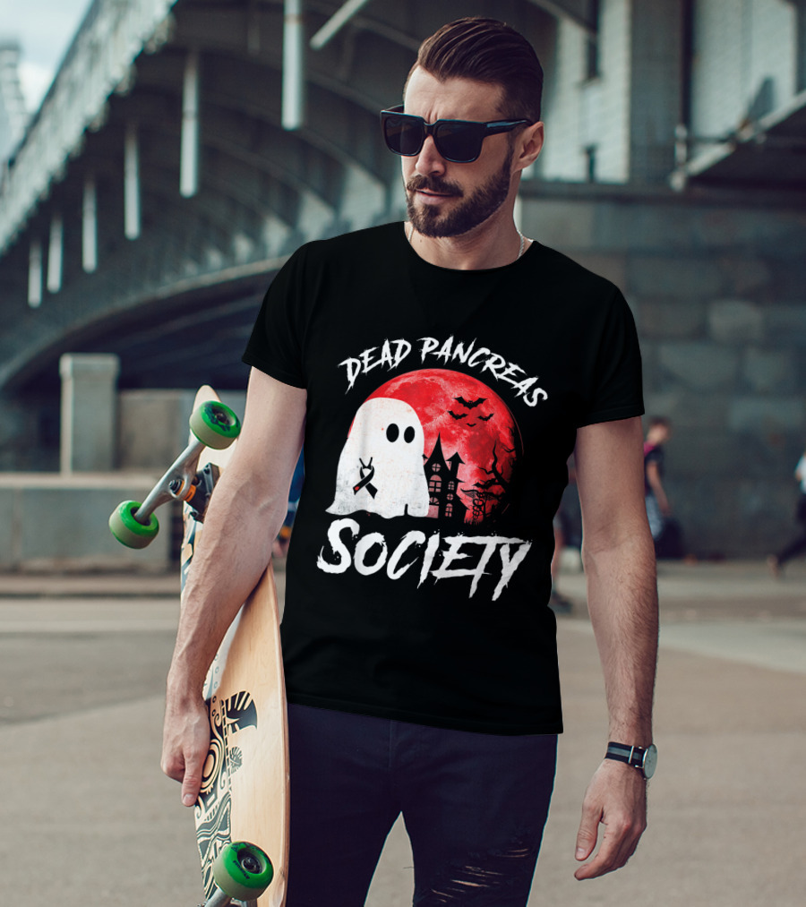 Dead Pancreas Society Halloween Ghost With Diabetes Awareness Ghostly Castle And Blood Moon T-Shirt