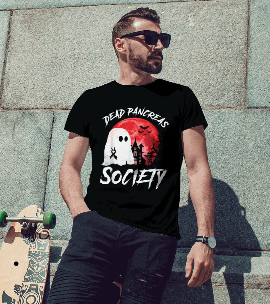 Dead Pancreas Society Halloween Ghost With Diabetes Awareness Ghostly Castle And Blood Moon T-Shirt
