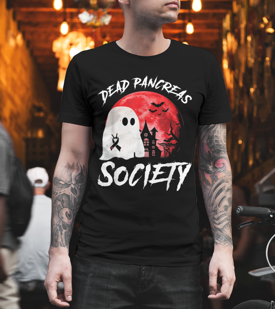 Dead Pancreas Society Halloween Ghost with Diabetes Awareness Ghostly Castle and Blood Moon T-Shirt