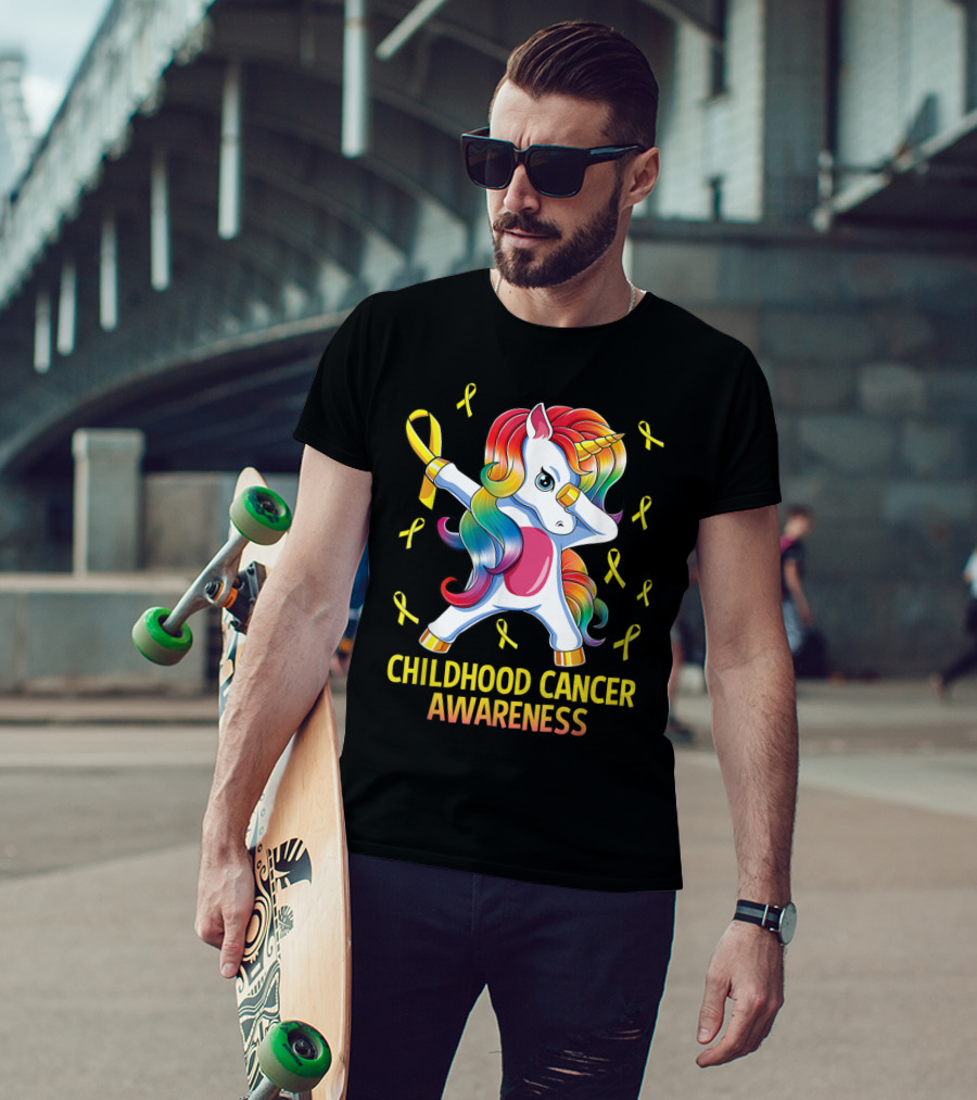 Dabbing Unicorn Childhood Cancer Awareness Ribbons T-Shirt