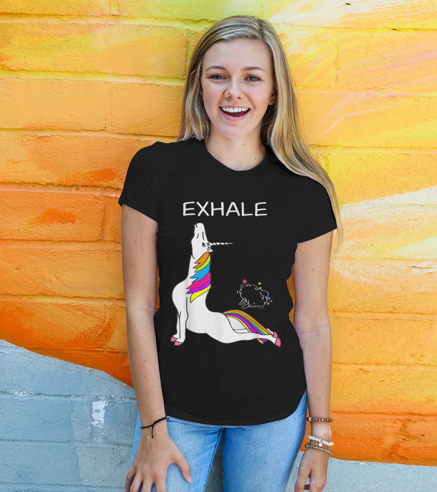 EXHALE Yoga Unicorn Funny Yoga Unicorn Exhale Fart Rainbow T-Shirt
