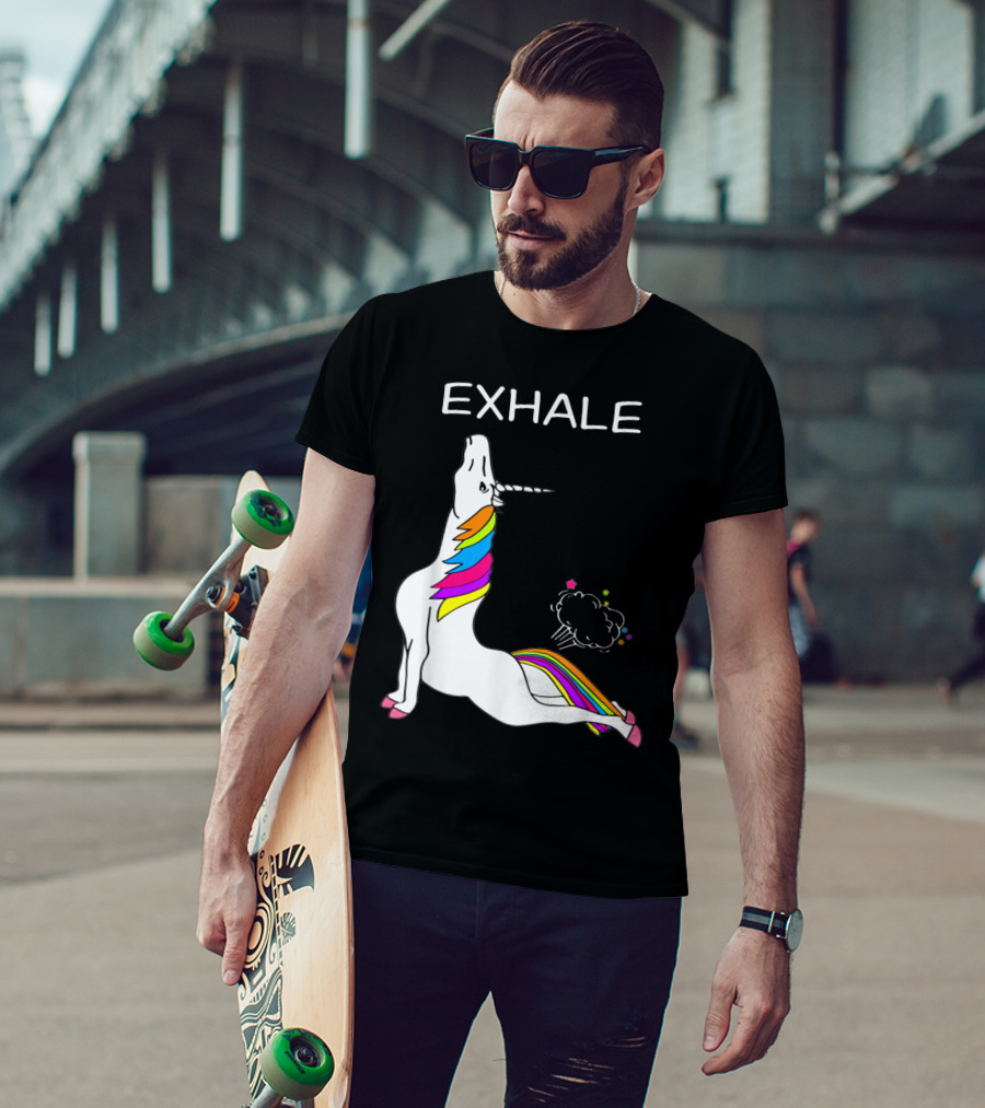 EXHALE Yoga Unicorn Funny Yoga Unicorn Exhale Fart Rainbow T-Shirt