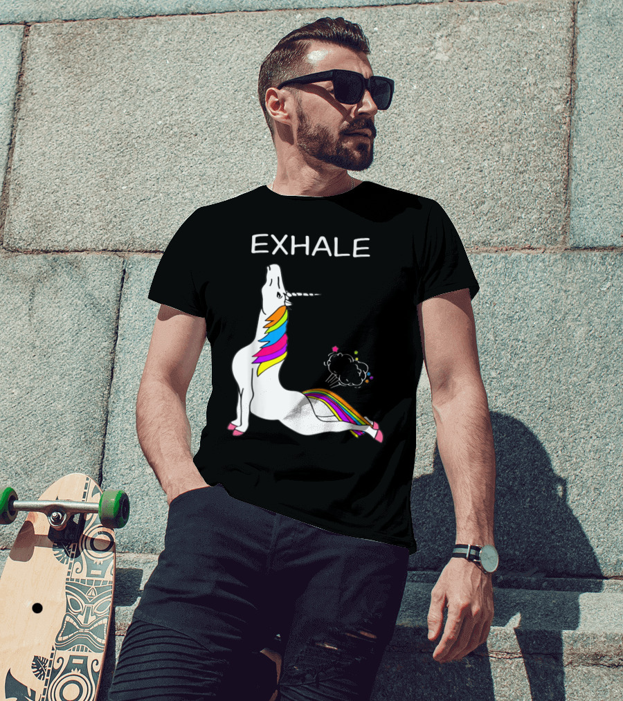 EXHALE Yoga Unicorn Funny Yoga Unicorn Exhale Fart Rainbow T-Shirt
