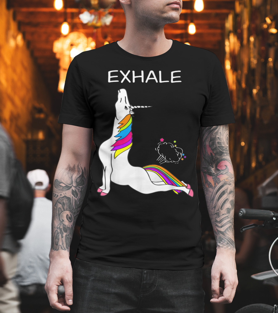 EXHALE Yoga Unicorn Funny Yoga Unicorn Exhale Fart Rainbow T-Shirt