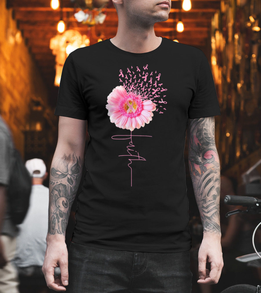 Faith Pink Ribbon Daisy Breast Cancer Awareness T-Shirt