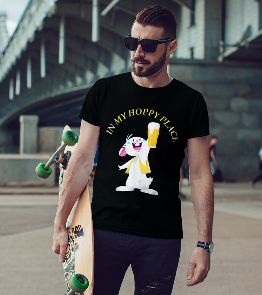 In My Hoppy Place Bunny Drinking Beer Funny Easter Cheers T-Shirt