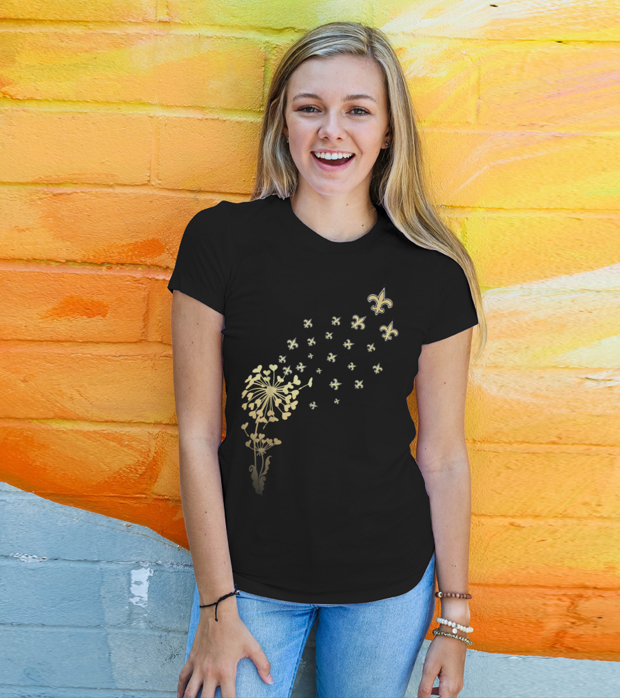 Saints Girl Saints Fan For Life Nola New Orleans Football Fleur-de-Lis Dandelion T-Shirt