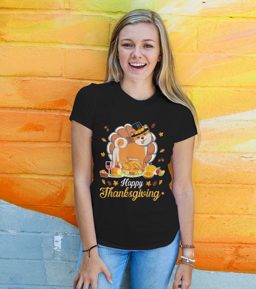 Happy Thanksgiving Shiba Inu Dog With Turkey Dish And Wine T-Shirt
