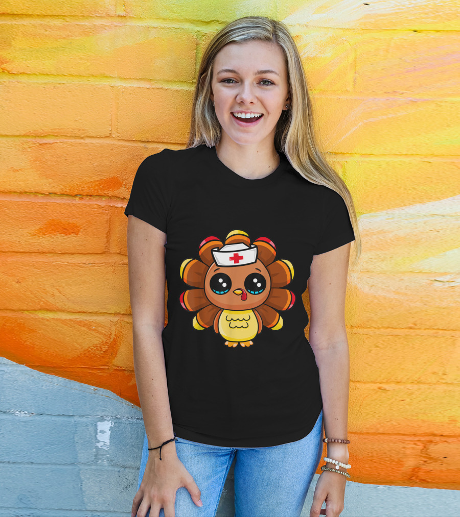 Thanksgiving Nurse Turkey Cute Family Cartoon Nurse Turkey T-Shirt