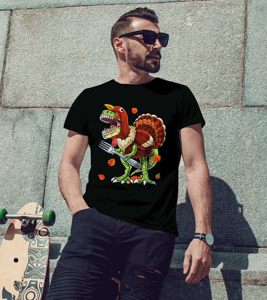 Thanksgiving Rex Dinosaur Turkey With Fork And Autumn Leaves T-Shirt