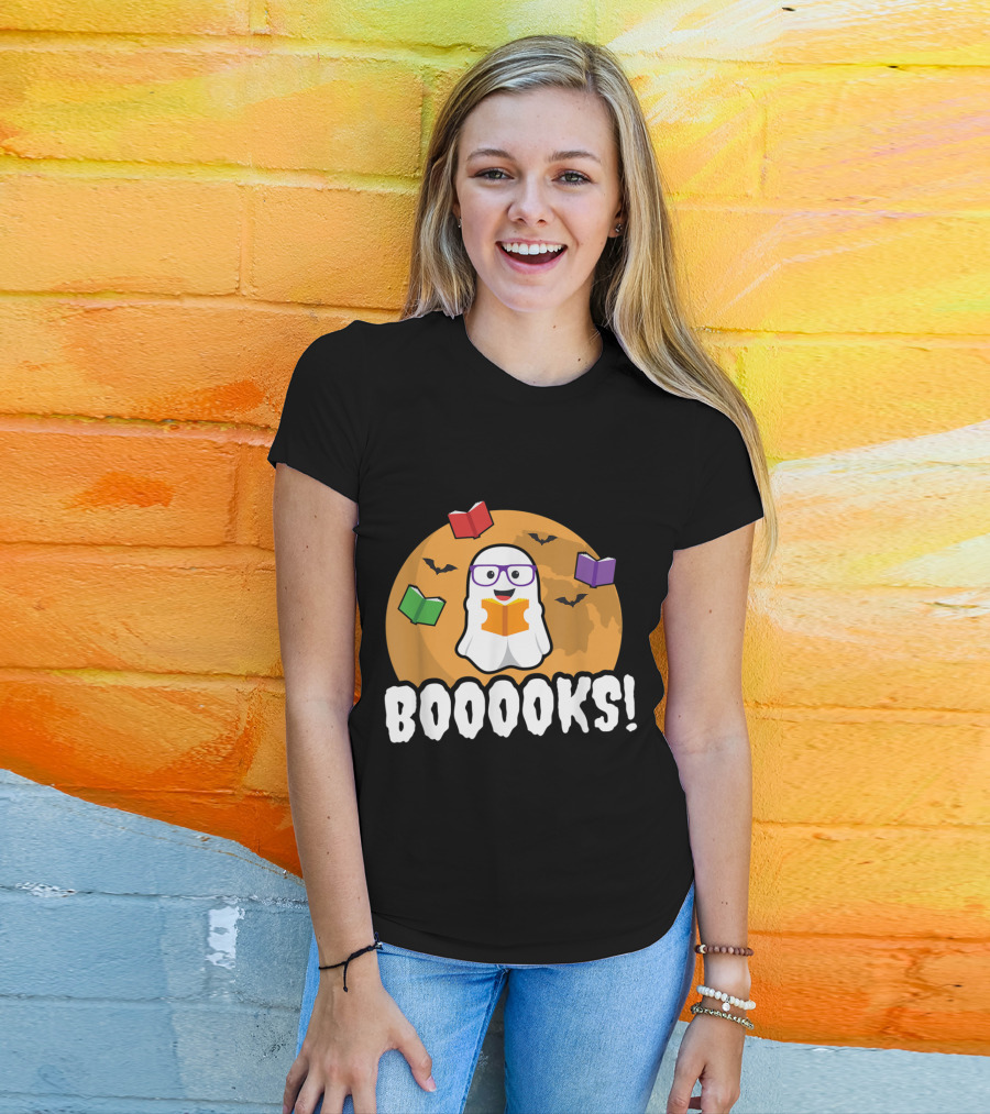 Booooks Ghost Boo Read Books Library Halloween Theme With Flying Bats And Moon T-Shirt