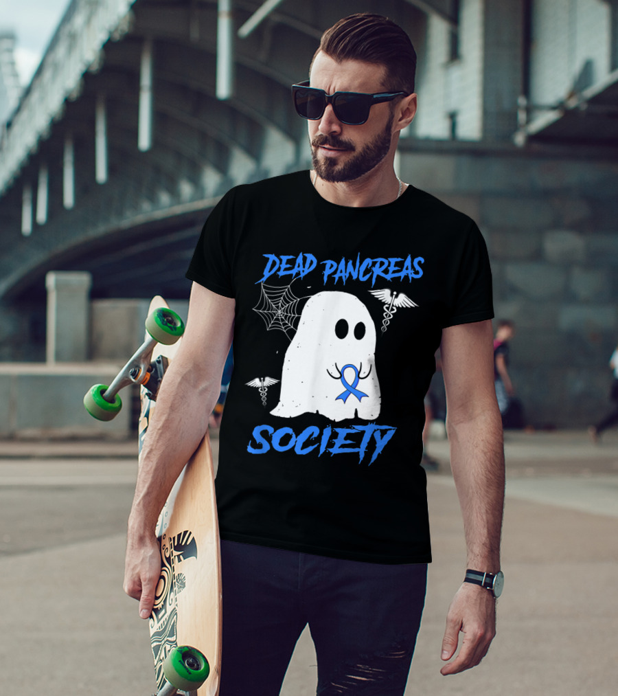 Dead Pancreas Society Diabetes Awareness Halloween Ghost With Blue Ribbon And Caduceus T-Shirt