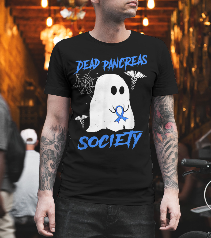Dead Pancreas Society Diabetes Awareness Halloween Ghost with Blue Ribbon and Caduceus T-Shirt