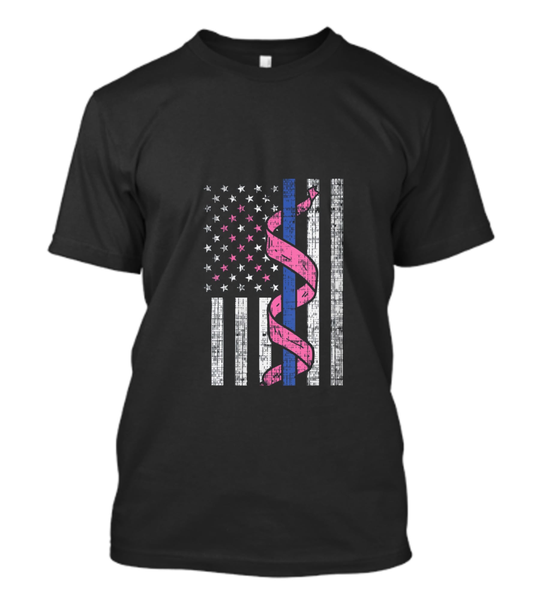 Blue Line American Flag Pink Ribbon Breast Cancer Awareness T-Shirt