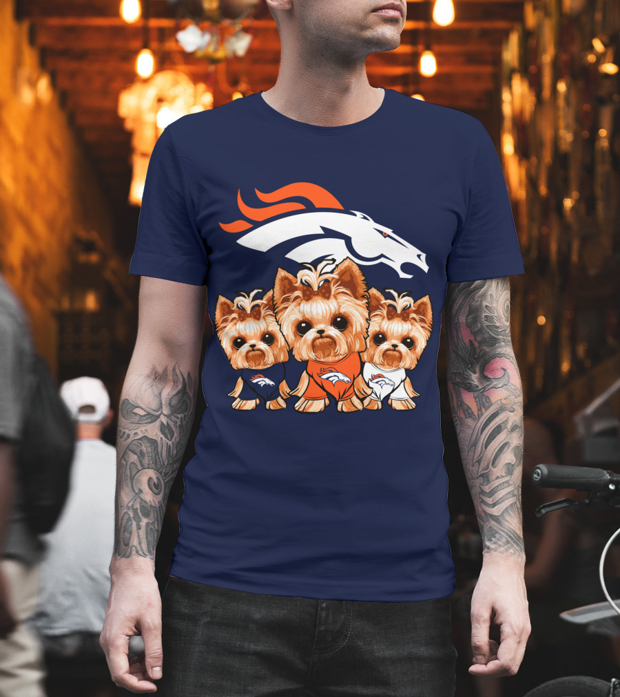 Denver Broncos Yorkies With Team Logo And Three Adorable Dogs In Jerseys T-Shirt